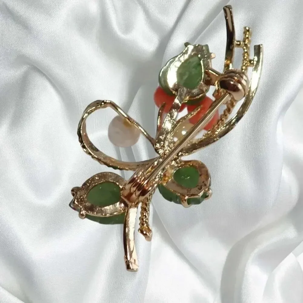 Pink Coral Pearls & Green Jade Leaves Brooch Floral Spray Faux Fashion VTG Pin